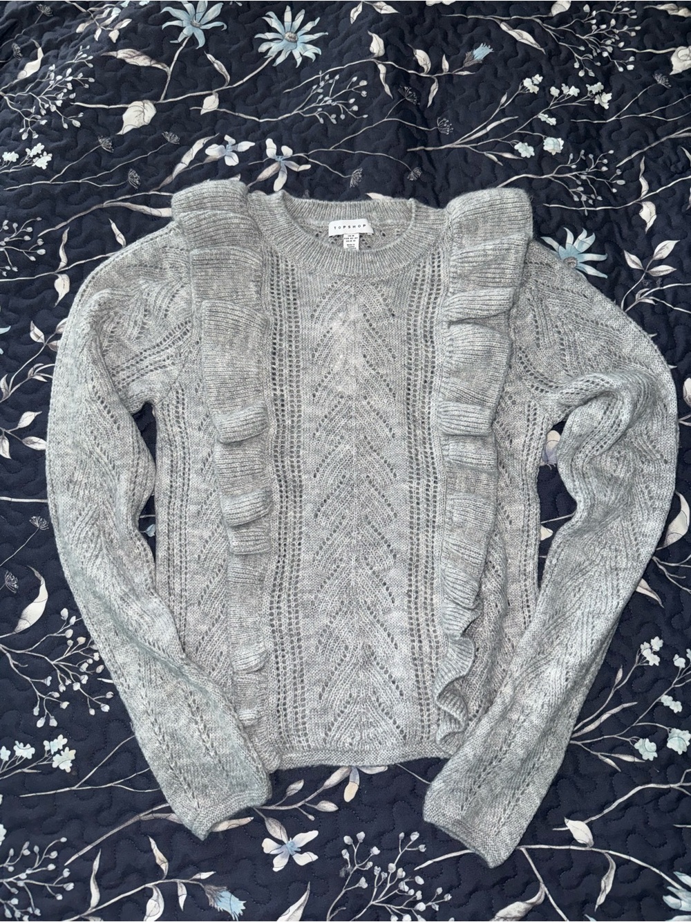 Topshop Gray Ruffle Cable Knit Crewneck Sweater